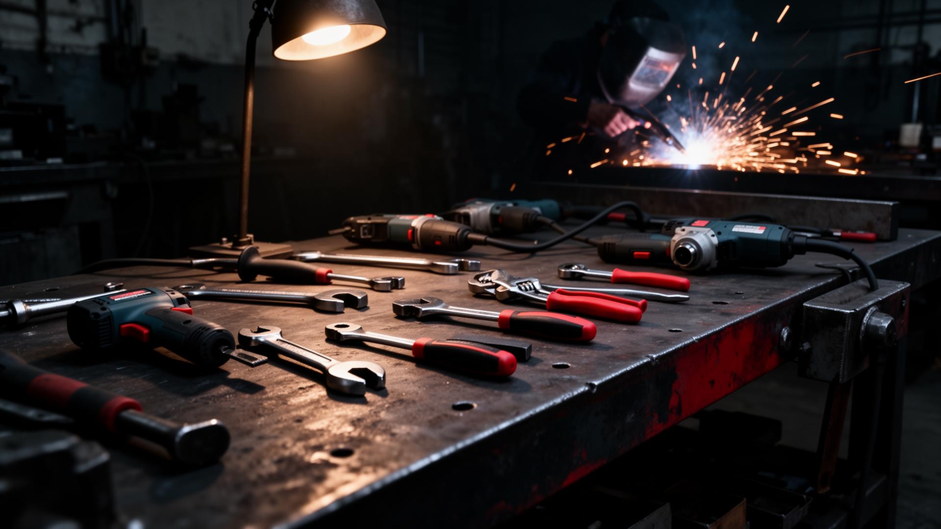 Industrial workshop with professional tools and welding sparks